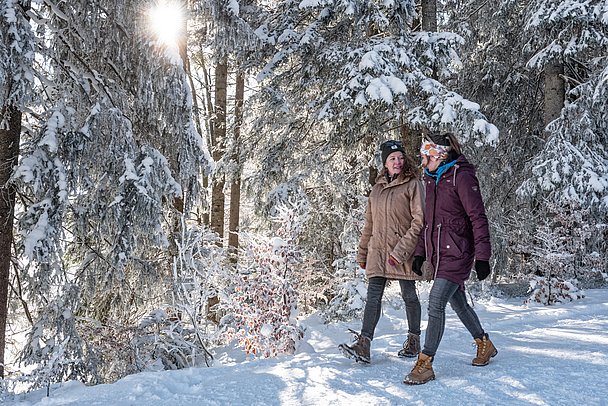 Zwei Frauen beim Winterwandern im Wald Zwei Frauen beim Winterwandern im Wald