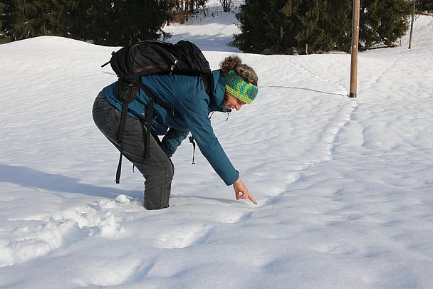 Eine Frau zeigt auf Spuren im Schnee