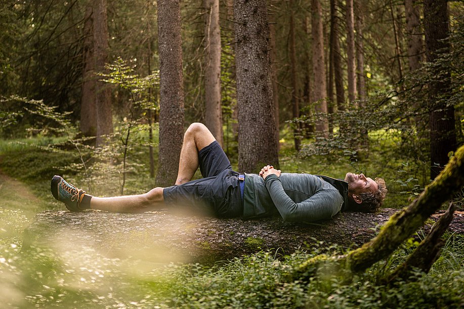 Mann liegt auf einem liegenden Baumstamm im Wald
