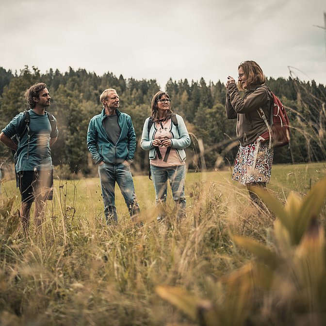 Naturführerin steht mit einer Gruppe auf einer Wiese und erklärt etwas