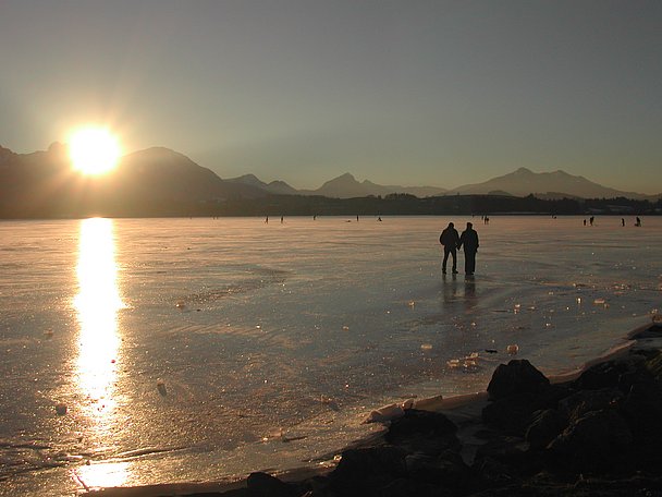 Menschen beim Eislaufen auf dem zugefrorenen Forggensee bei untergehender Sonne