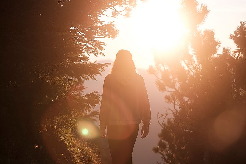 Frau von hinten läuft zwischen Bäumen in Richtung Sonnenuntergang