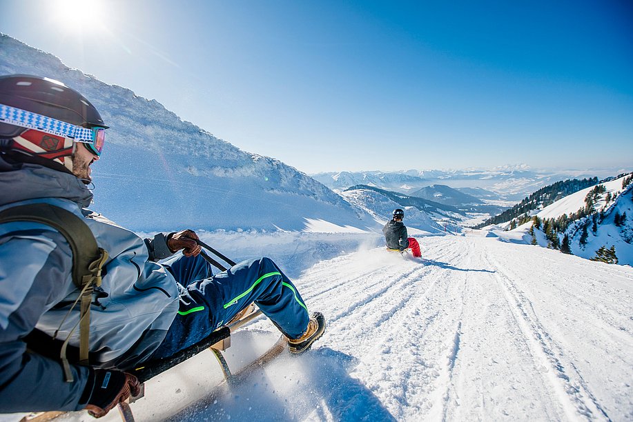 Zwei Rodler auf der Rodelstrecke am Hochgrat mit tollem Ausblick über die Berge