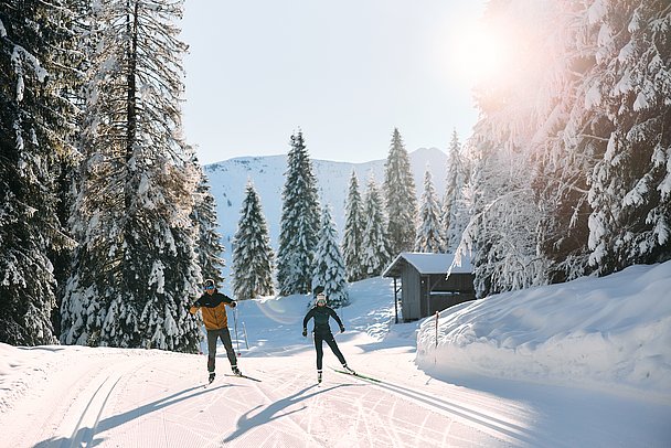 Zwei Langläufer auf einer Loipe bei Sonnenschein