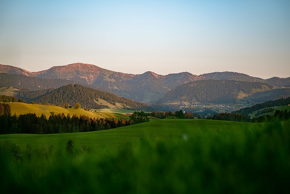 Blick über die Berge bei Oberstaufen mit Hochgrat