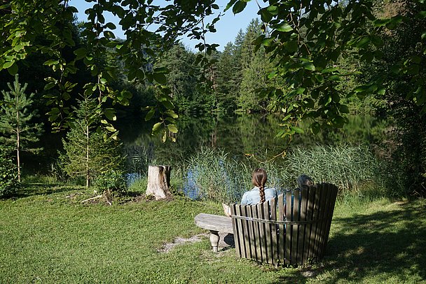 Zwei Menschen von hinten auf einer Bank am See, rundherum Bäume