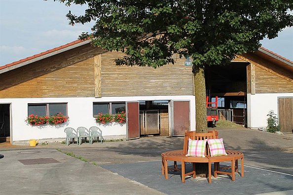 Auf der Baumbank vorm Kuhstall verweilen