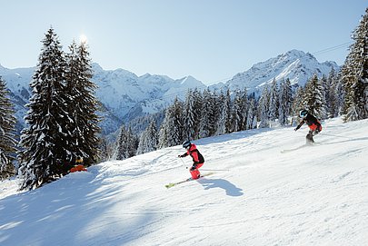 Zwei Skifahrer vor Bergpanorama