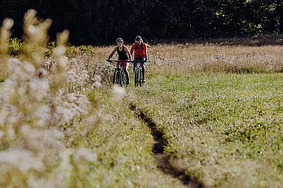 Zwei Mountainbiker auf einem Singletrail über eine Wiese