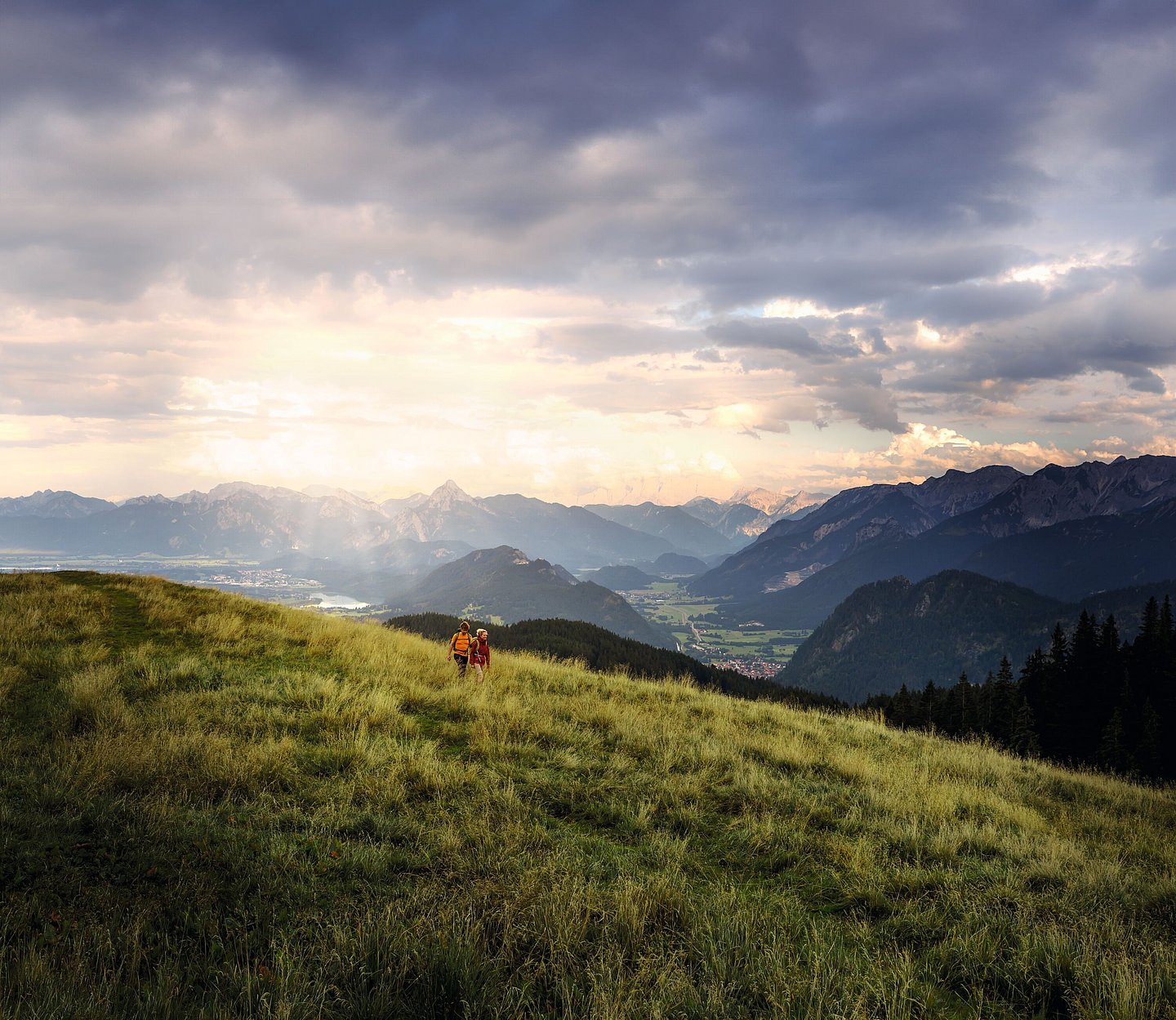 Zwei Wanderer auf einem Wiesenhügel, im Hintergrund die Allgäuer Alpen