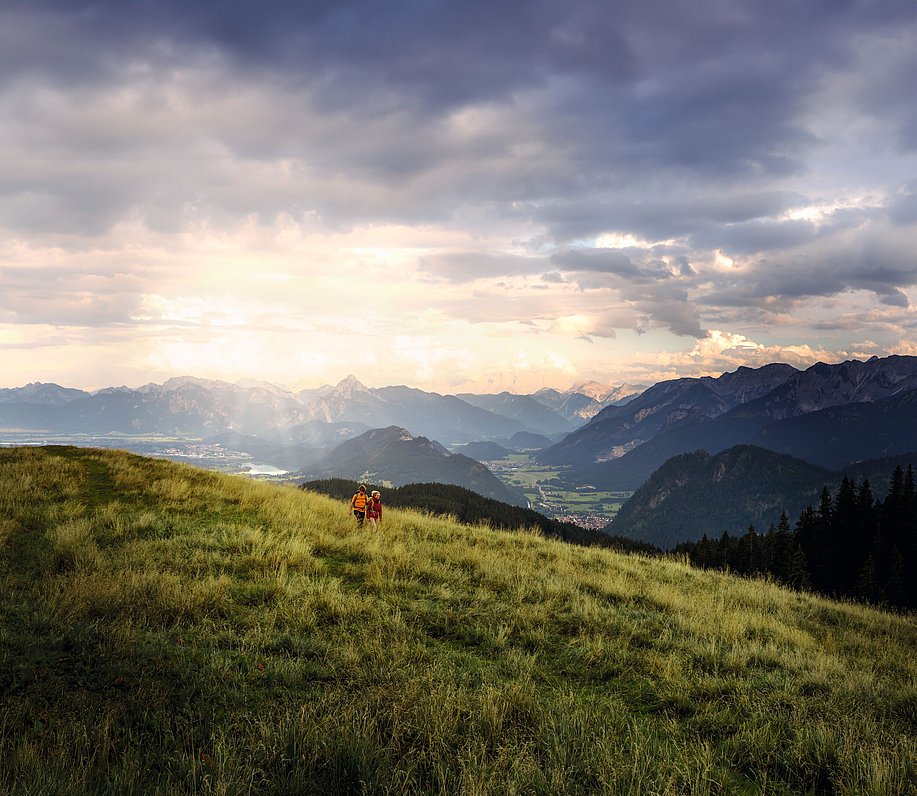 Zwei Wanderer auf einem Wiesenhügel, im Hintergrund die Allgäuer Alpen