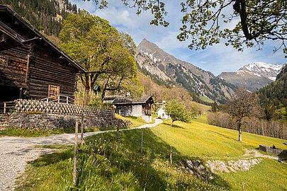 Tradtitioenlle Holzhäuser zwischen Laubbäumen in Gerstruben, im Hintergrund die Allgäuer Alpen