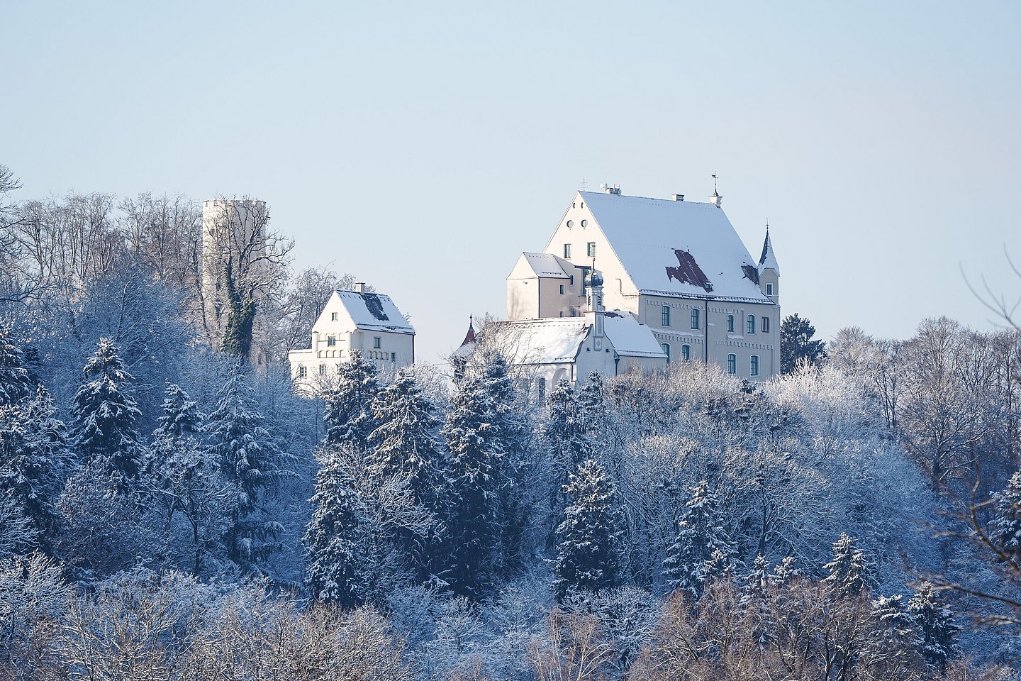 Burg Mindelheim im Winter, verschneite Baume im Vordergrund