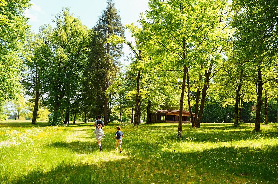 2 Kinder laufen hinter ihrem Vater im strahlenden Sonnenschein zwischen Bäumen über eine Wiese. Teil der Spieloase und Erlebnisweg in Leutkirch. 2 Kinder laufen hinter ihrem Vater im strahlenden Sonnenschein zwischen Bäumen über eine Wiese. Teil der Spieloase und Erlebnisweg in Leutkirch.