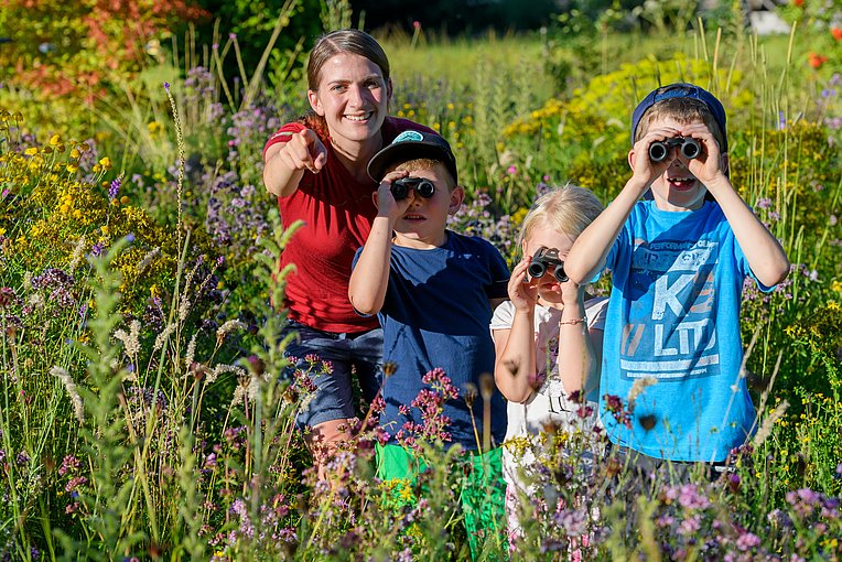 Kinder mit Ferngläsern in Blumenwiese