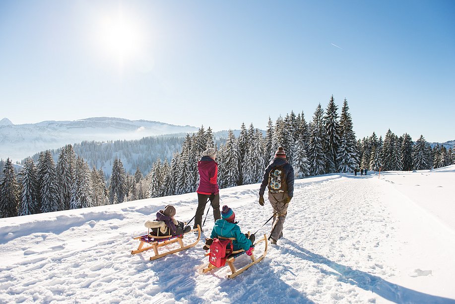 Zwei Erwachsene ziehen zwei Kinder auf Schlitten über einen präparierten Weg, im Hintergrund die Berge
