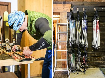 Skilehrer Johannes präpariert die Bindungen und erklärt die Nutzung der Skistöcke