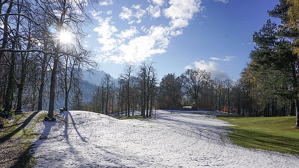 Letzte Schneereste auf einer grünen Wiese im Füssener Baumgarten
