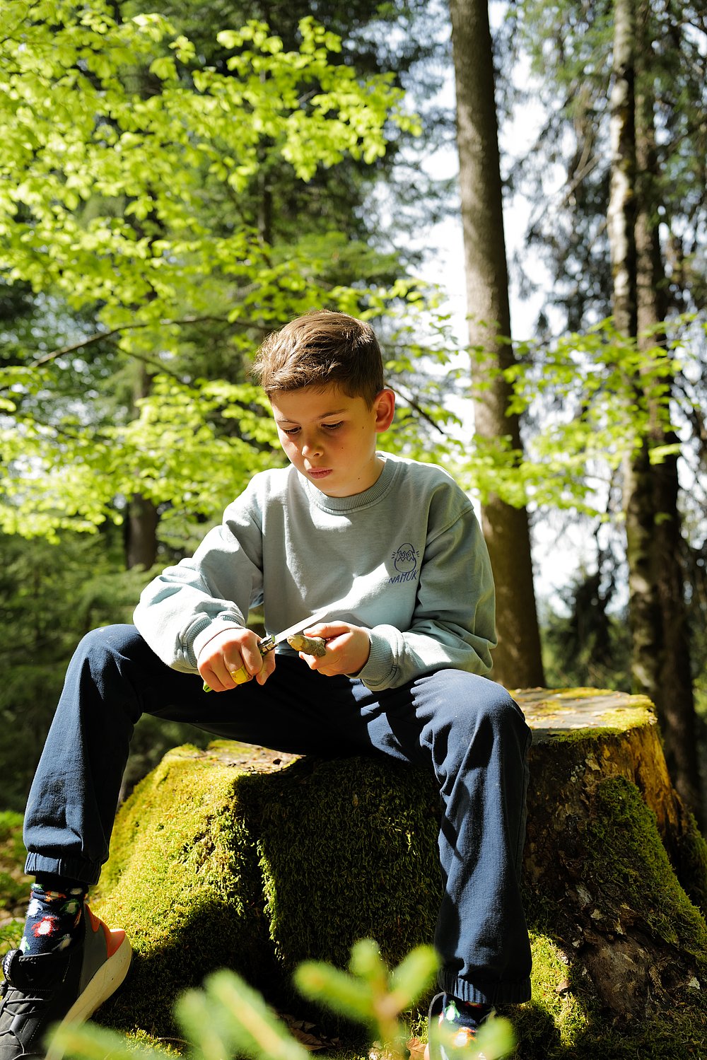 Junge sitzt auf einem Baumstumpf im Wald und schnitzt
