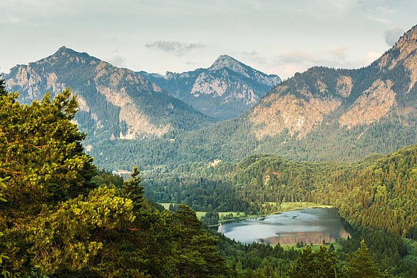 Ausblick von Kalvarienberg auf Berge und See