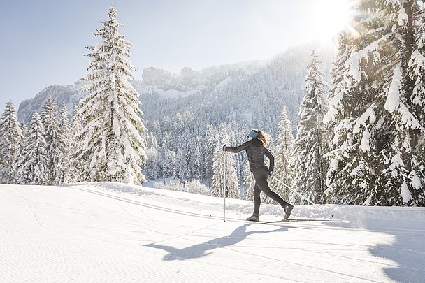 Klassische Langläuferin vor Bergpanorama