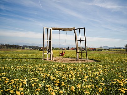 Person schaukelt auf einer riesigen Schaukel bei Bad Grönenbach in einer Löwenzahnwiese