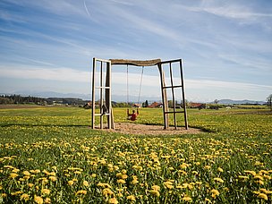 Person schaukelt auf einer riesigen Schaukel bei Bad Grönenbach in einer Löwenzahnwiese