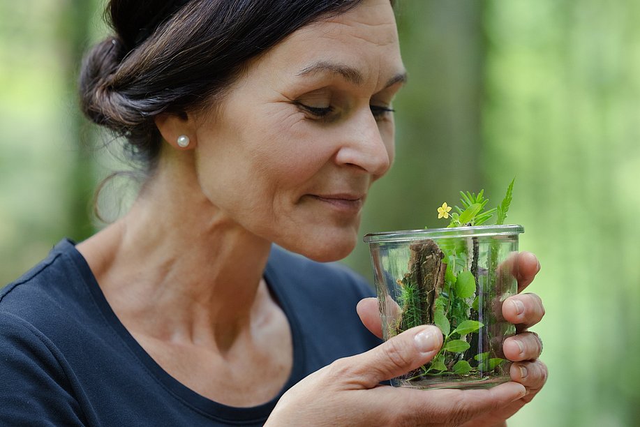 Christiane Haibel im Wald, riecht an einem Glas voll Fichtennadeln