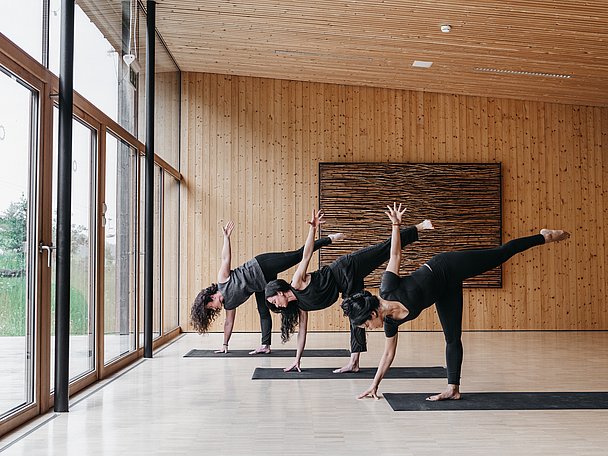 Frauen beim Yoga in einem holzvertäfeltem Raum vor großen Fenster