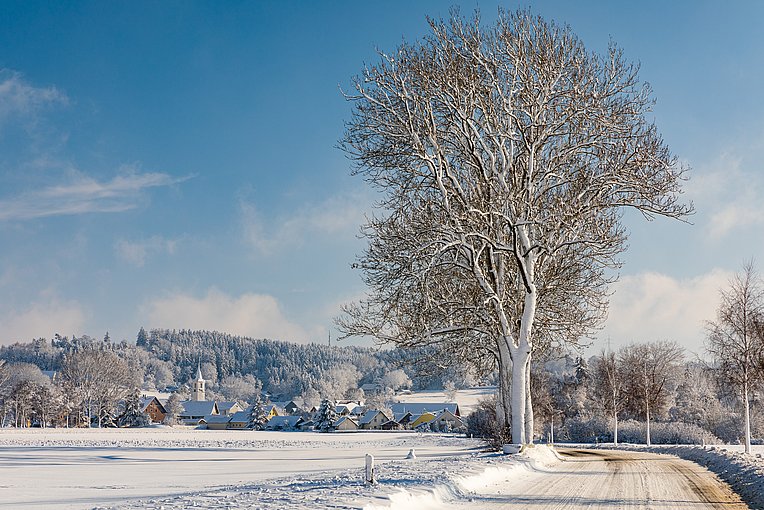 Winterliche Landschaft mit Straße und Dorf