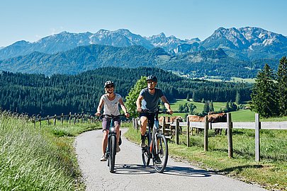 Zwei Radler auf einer kleinen Asphaltstraße, im Hintergrund die Alpen