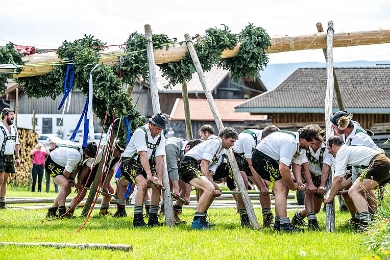 Männer in Tracht beim Maibaum aufstellen