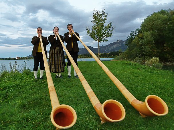 Drei Alphornbläser am See