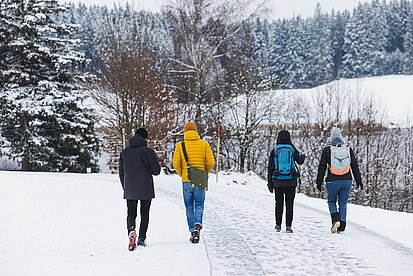 Vier Menschen spazieren durch eine verschneite Landschaft