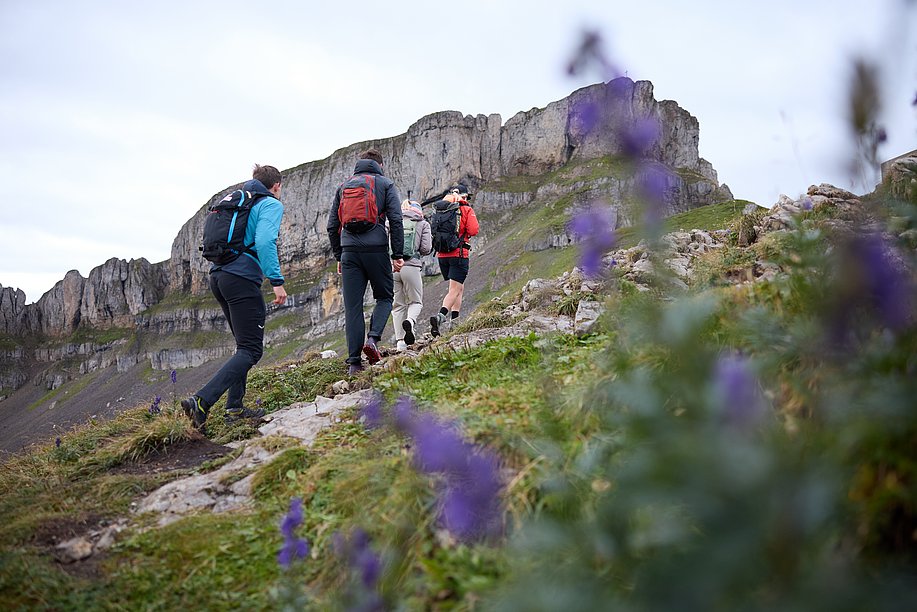 Wandergruppe vor den Felswänden des Ifen-Gipfels