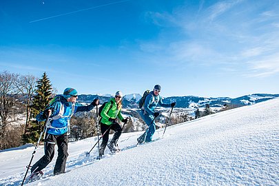 Drei Schneeschuhwanderer mit Blick auf die Nagelfluhkette