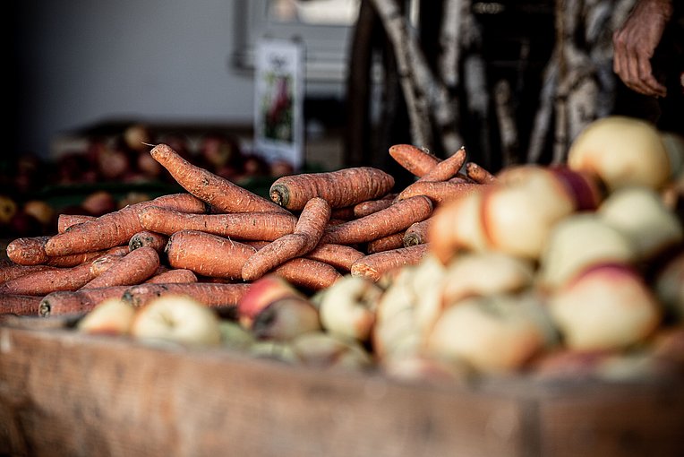 Äpfel und Karotten aus dem Hofladen beim Früchtegarten Reisach