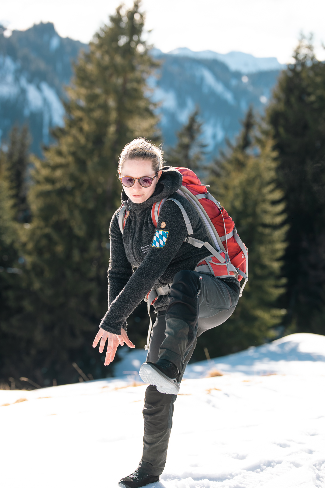 Wald im Winter: Anschaulich macht Rangerin Britta vor, wie die Spuren des Schneehasens entstehen