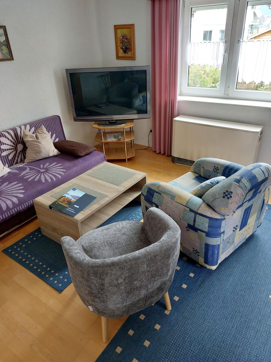 Wohnzimmer, ausziehbare Couch, Fernseher