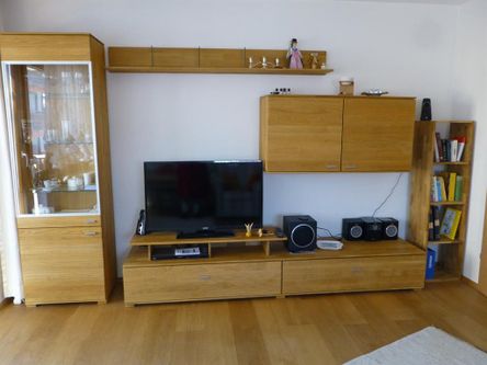 Moderne Anbauwand aus Holz mit TV, Blu Rain, Radio