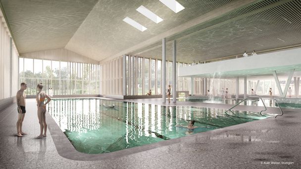 Blick in die Badehalle mit Schwimmerbecken