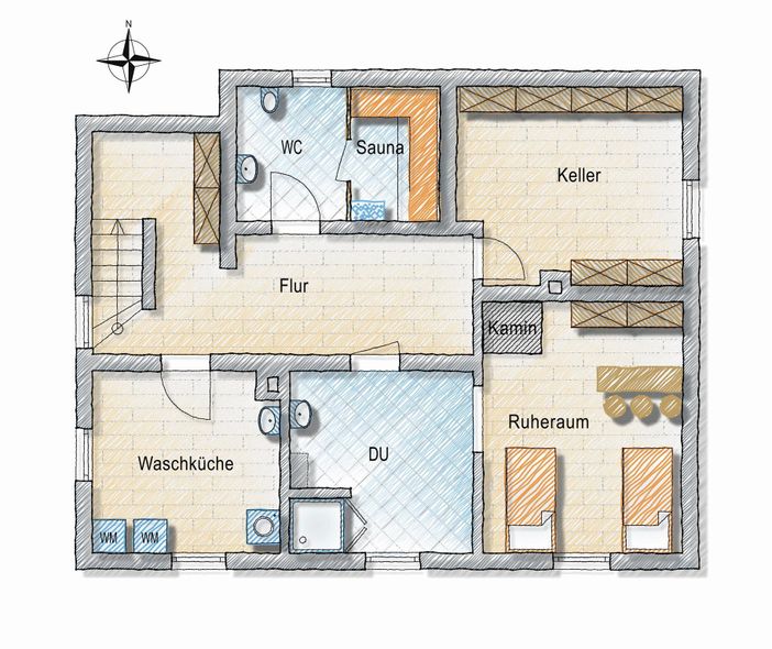 Grundriss Sauna Ruheraum Kellerbar