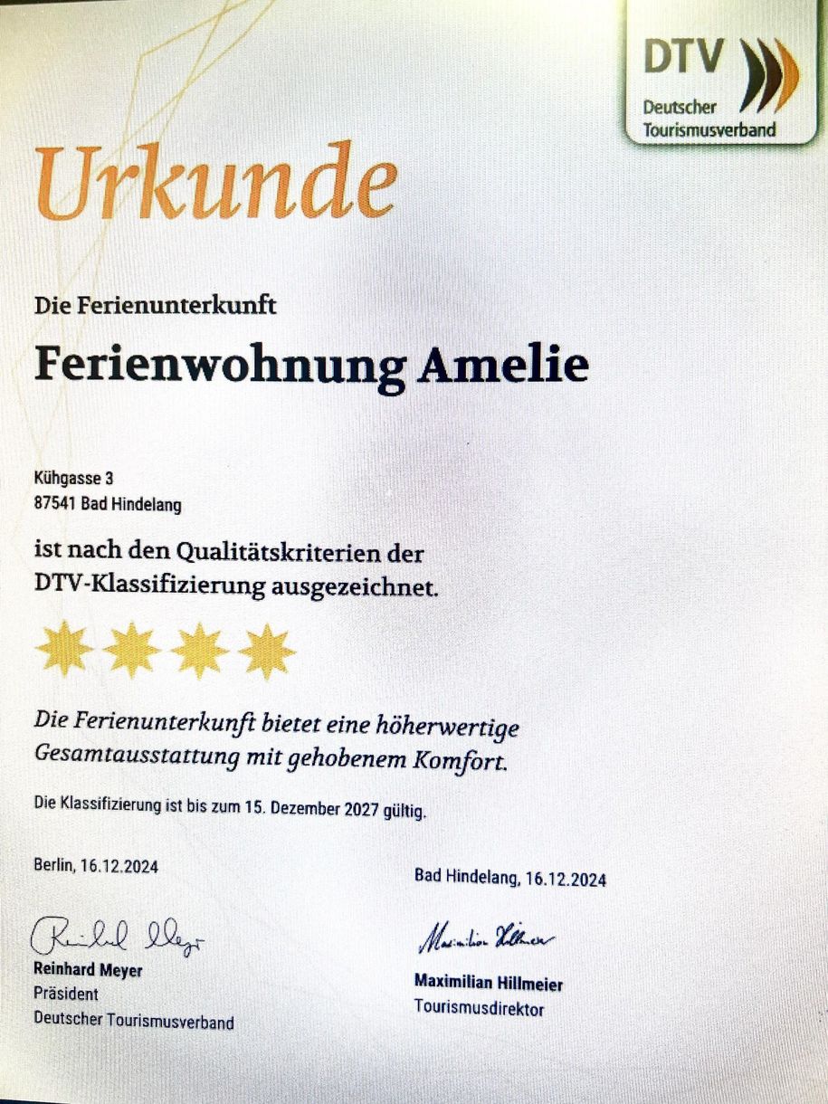 4 Sterne FW Amelie im Ferienhaus Wille - Urkunde
