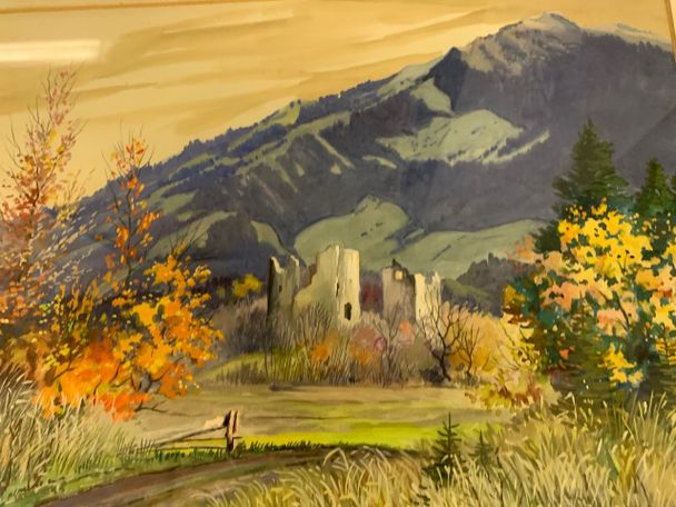 Ruine Laubenbergerstein mit Grünten (in der Hofmühle) v. Otto Keck