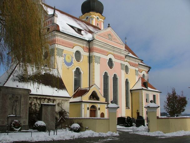 Die Südfassade von St. Gordian und St. Epimachus in Pleß.