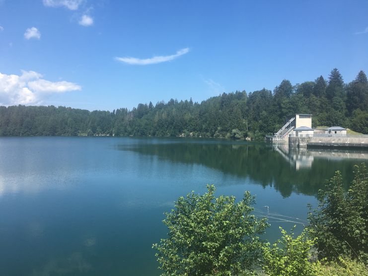 Blick vom Staudamm Roßhaupten auf den Forggensee