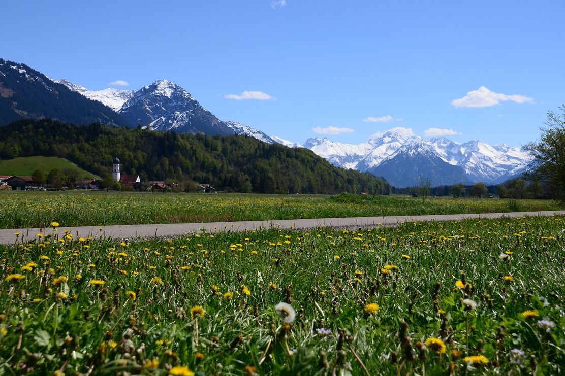 Blick vom Wiesenweg auf Altstädten und Allgäuer Alpen