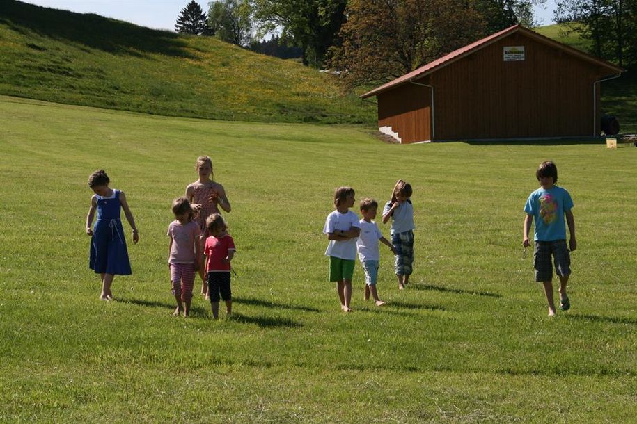 Kinder im Sommer auf der frisch gemähten Wiese