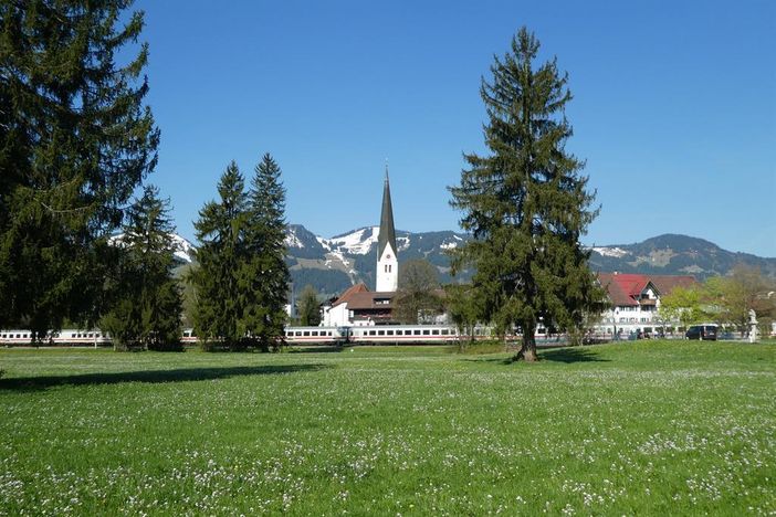 Blühende Wiese, Zug und Kirche von Fischen