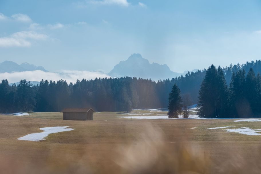 Blick über Wiesen und Wälder Richtung Berge.